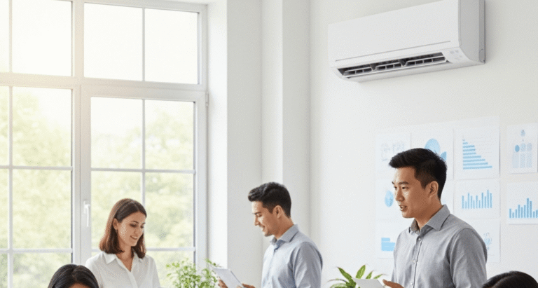 Instalacion de Aire acondicionado, instalado en una oficina, donde hay varias personas trabajando.